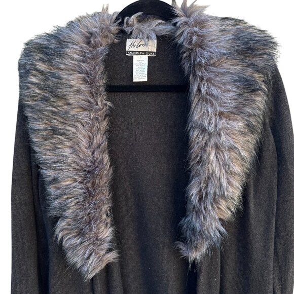 Randolph Duke Faux Fur Removable Trim Open Front Tie Waist Knit Cardigan Sweater - Picture 3 of 8